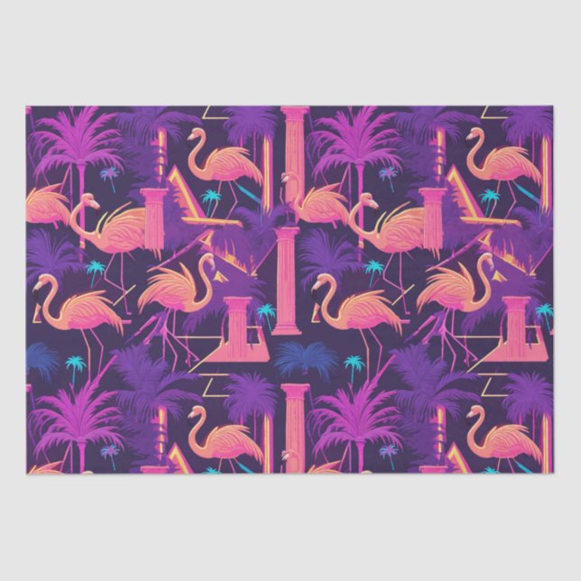 Neon Flamingo Palm Trees Vaporwave Aesthetic  Tissue Paper (Front)