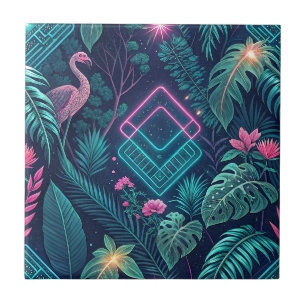 Neon Flamingo Tropical Cyberpunk Jungle Pattern Tile