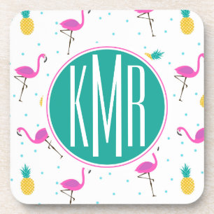 Neon Flamingos Monogram Coaster