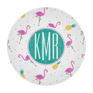 Neon Flamingos Monogram Cutting Board