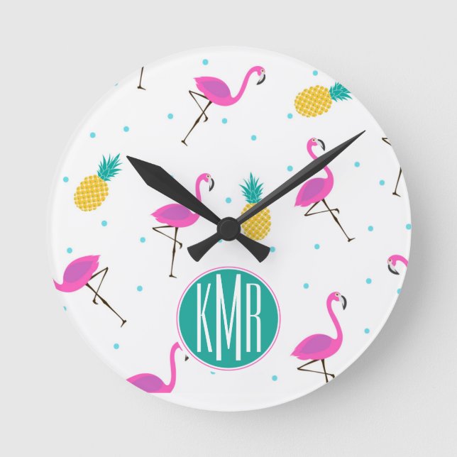 Neon Flamingos | Monogram Round Clock (Front)