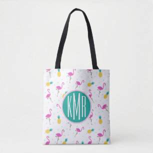Neon Flamingos   Monogram Tote Bag