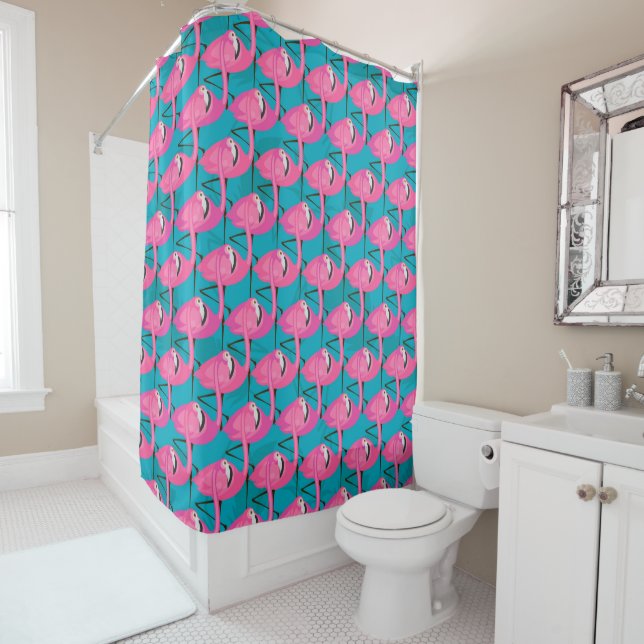 Neon Flamongos Shower Curtain (In Situ)