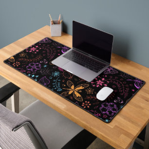Neon Floral Butterfly Desk Mat
