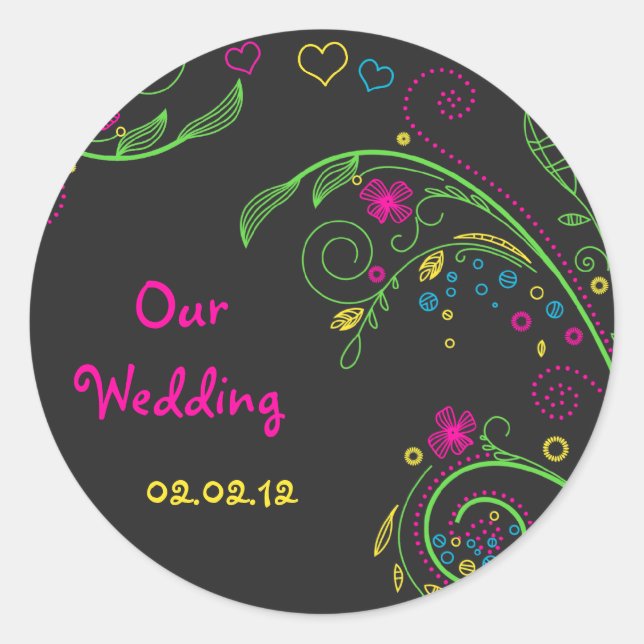 Neon Floral Chalkboard Doodle Wedding Stickers (Front)
