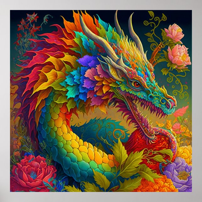 Neon Floral Dragon Poster (Front)