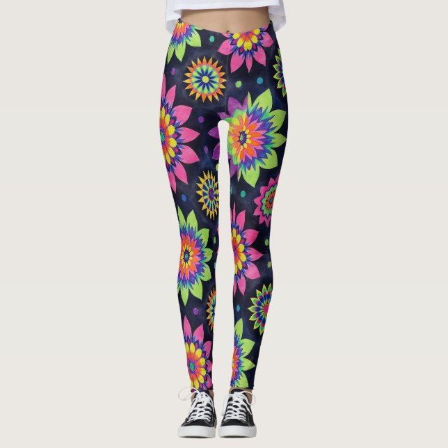 Neon Floral Mandalas Seamless Pattern Leggings (Front)