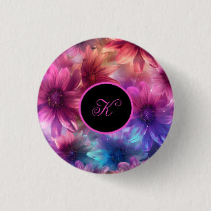 Neon Floral Pattern with Monogram 3 Cm Round Badge