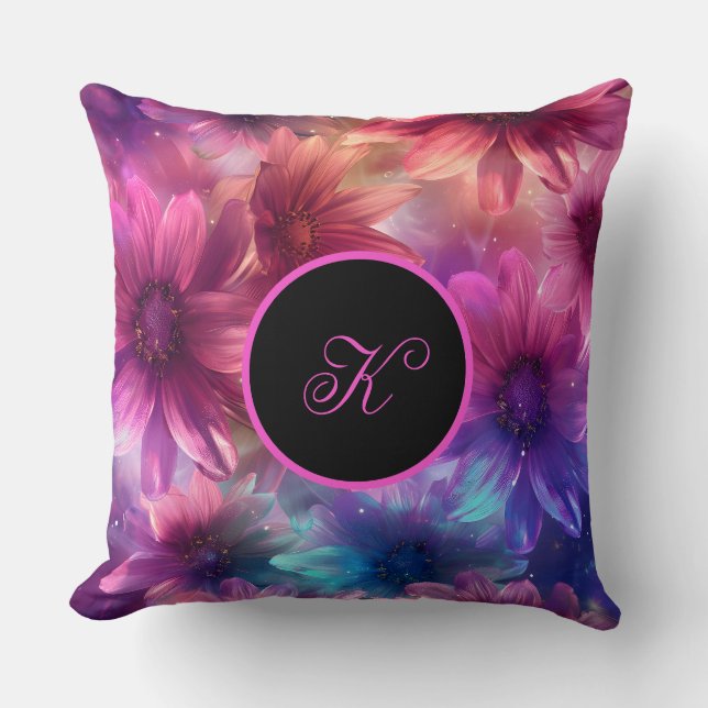 Neon Floral Pattern with Monogram  Cushion (Front)
