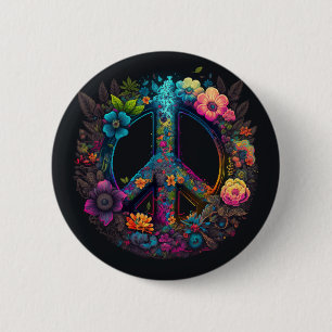Neon Floral Peace Sign 6 Cm Round Badge