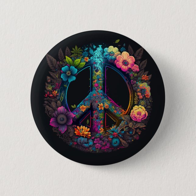 Neon Floral Peace Sign 6 Cm Round Badge (Front)