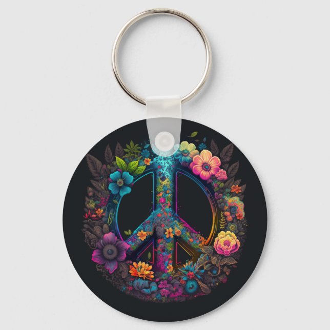 Neon Floral Peace Sign Key Ring (Front)