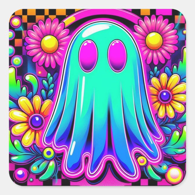 Neon Floral Retro Ghost Halloween Square Sticker (Front)