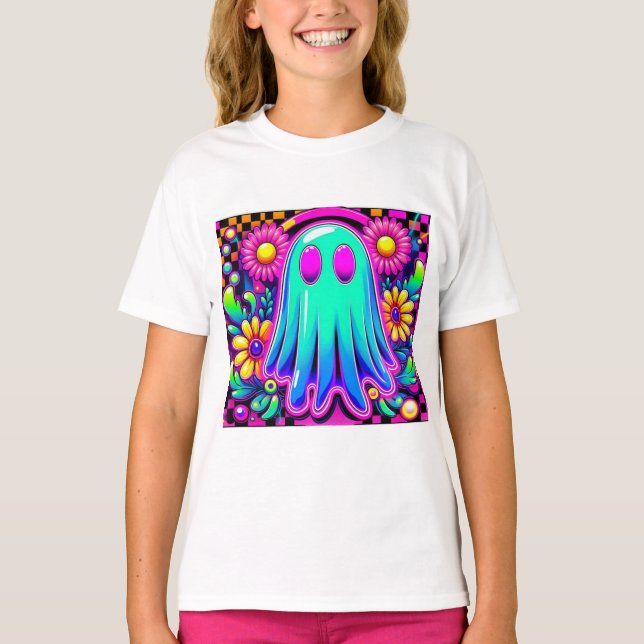 Neon Floral Retro Ghost Halloween T-Shirt (Front)