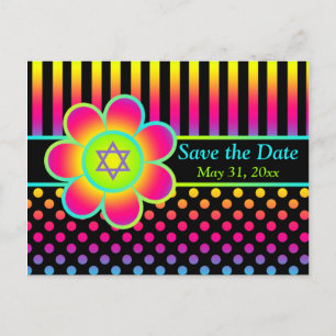 Neon Floral Stripes Bat Mitzvah Save the Date Card