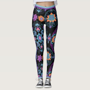 Neon Florals Black Background and Racing Stripes Leggings