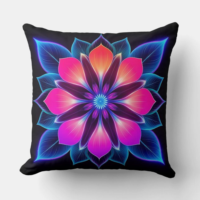 🌸 Neon Flower Blue Light Abstract Room 🌙 Cushion (Front)