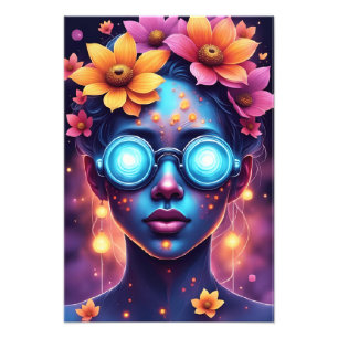 Neon Flower Goddess – Futuristic Fantasy Portrait Photo Print