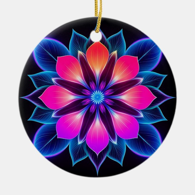 Neon Flower with Blue Light Patterns Ceramic Tree Decoration (Front)