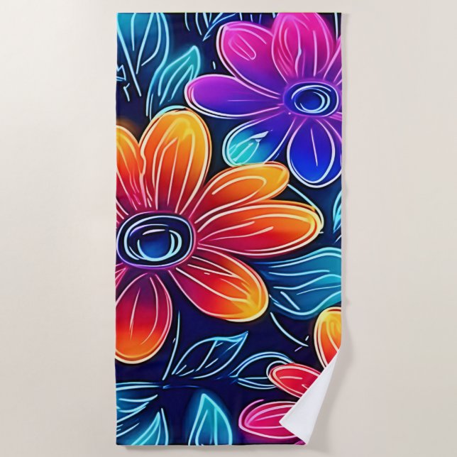 Neon Flowers Bloom Bright Beach Towel (Front)