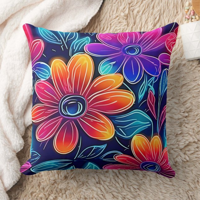 Neon Flowers Bloom Bright Cushion (Blanket)