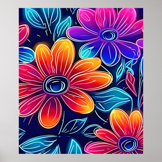 Neon Flowers Bloom Bright Poster (Front)