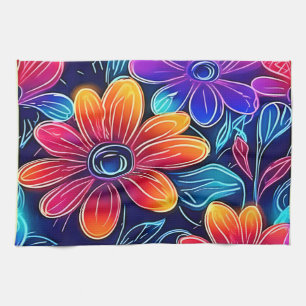Neon Flowers Bloom Bright Tea Towel