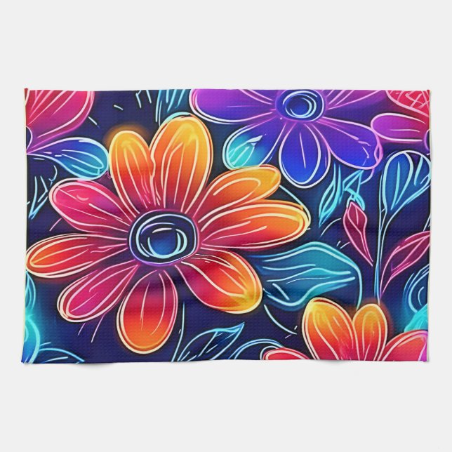 Neon Flowers Bloom Bright Tea Towel (Horizontal)