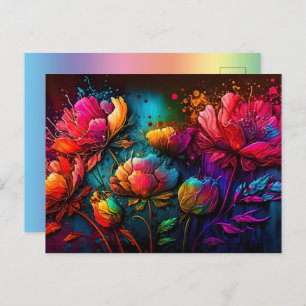 Neon flowers, colourful, bouquet, ink splatter postcard