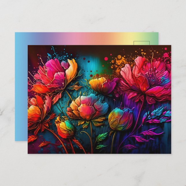 Neon flowers, colourful, bouquet, ink splatter postcard (Front/Back)