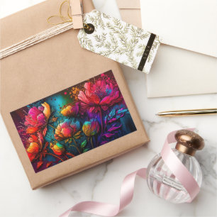 Neon flowers, colourful, bouquet, ink splatter rectangular sticker