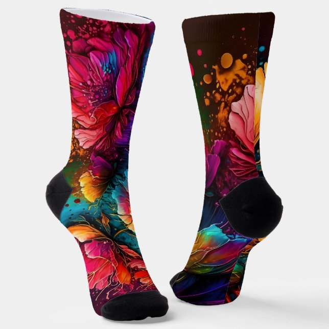 Neon flowers, colourful, bouquet, ink splatter socks (Angled)