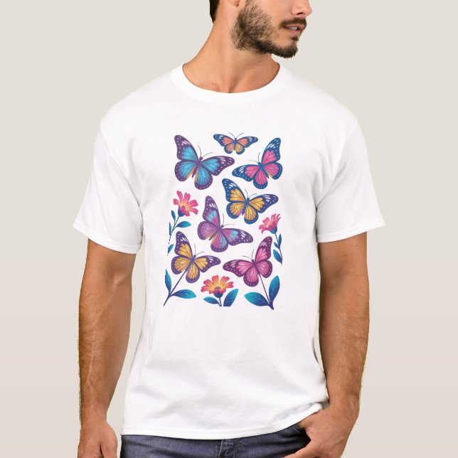 Neon Flowers with Six Glowing Butterflies T-Shirt (Front)