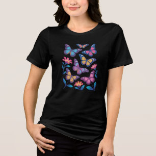 Neon Flowers with Six Glowing Butterflies Tri-Blend Shirt