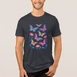 Neon Flowers with Six Glowing Butterflies Tri-Blend Shirt