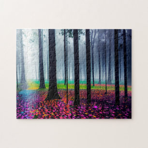 Neon Forest Floor with Silhouetted Trees Jigsaw Puzzle