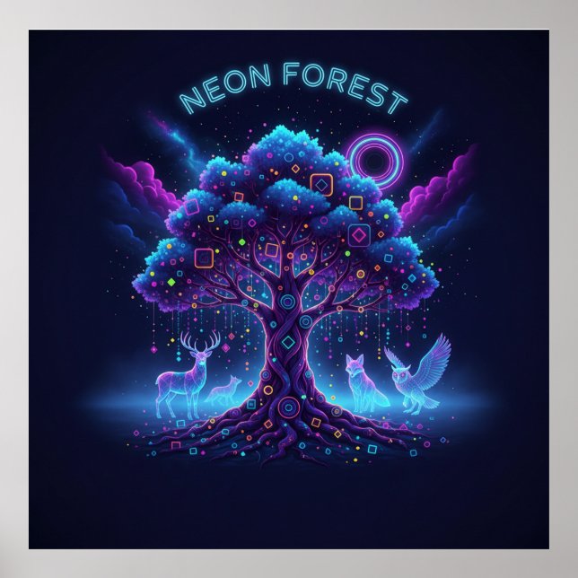 Neon Forest – Glowing Tree & Luminous Animals Post Poster (Front)