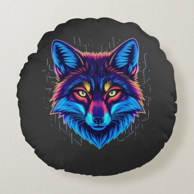 Neon Fox Face – Vibrant Glowing Design Round Cushion (Front)