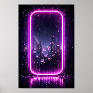 Neon Frame City Rain Synthwave Poster