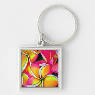 Neon Frangipani flower art Plumeria Key Ring