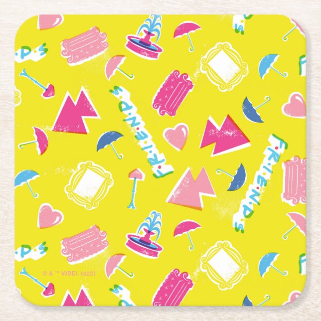 Neon FRIENDS™ Icon Pattern Square Paper Coaster (Front)
