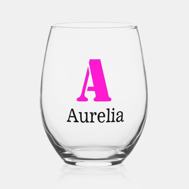 Neon Fuchsia Elegant Initial Black Name | Modern  Stemless Wine Glass (Front)
