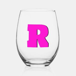 Neon Fuchsia Funny Modern Monogram Initial Letter Stemless Wine Glass