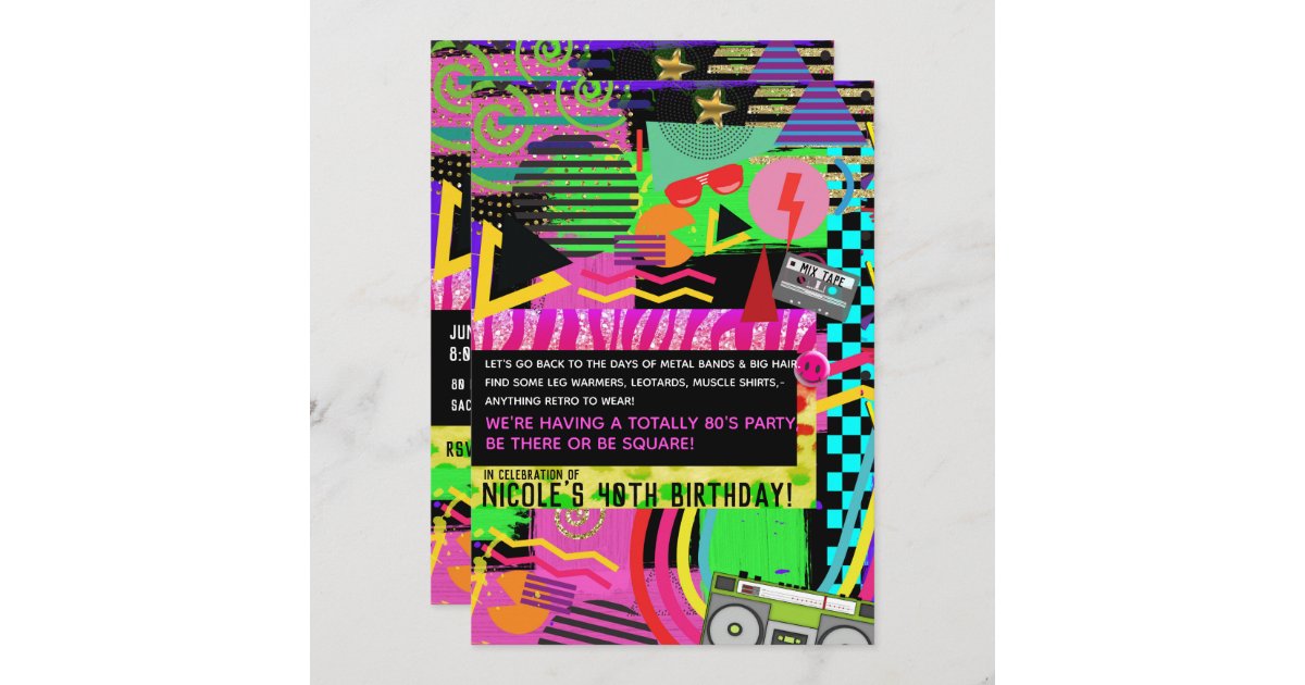 Neon Fun Bright Bold Colourful Funky 80's Party Invitation | Zazzle.co.uk