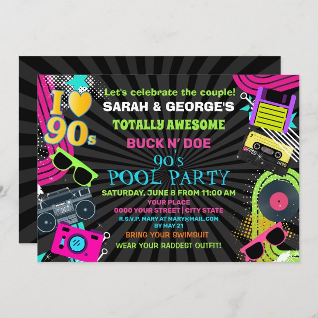 Neon Fun Couples Totally Awesome 90s Pool Party   Invitation (Front/Back)