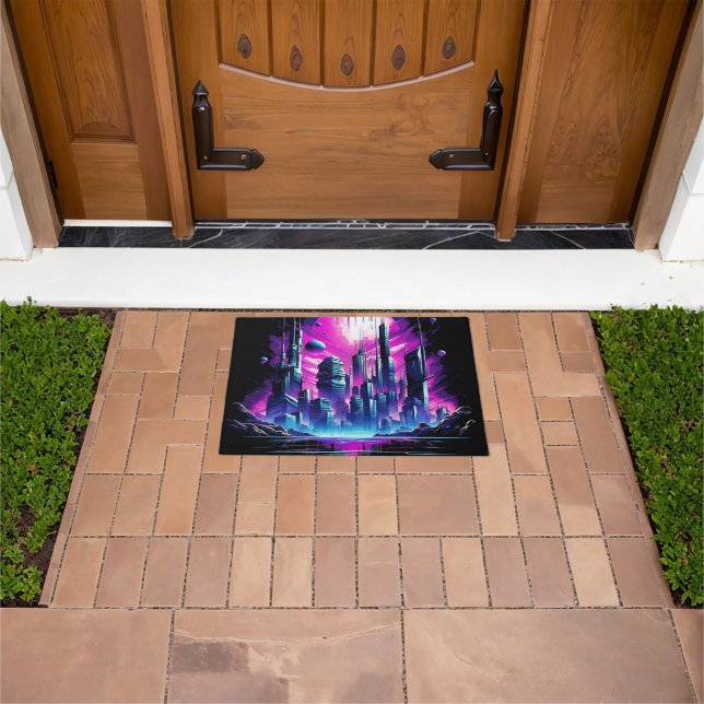 Neon Futuristic CyberScape Skyline Doormat (Outdoor)