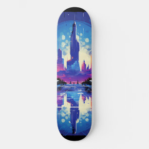 Neon Futuristic CyberScape Skyline Skateboard