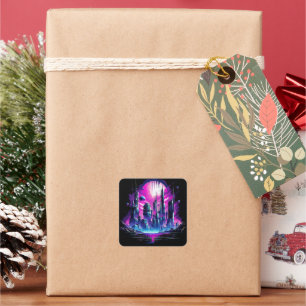 Neon Futuristic CyberScape Skyline Square Sticker