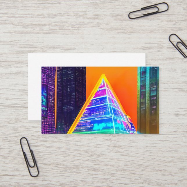 Neon Futuristic hologram Pyramid in Modern City Business Card (Front/Back In Situ)