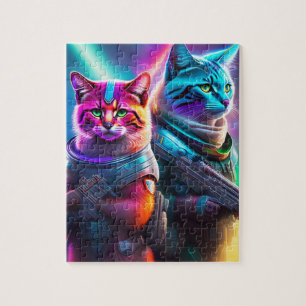 Neon Futuristic Sci-Fi Warriors Astronaut Cats  Jigsaw Puzzle